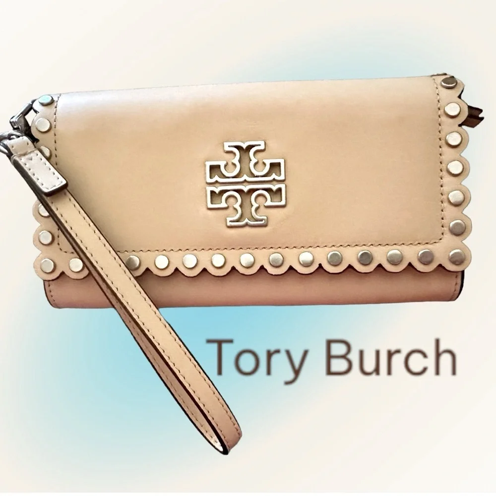 Tory Burch Britten Studs Set Light Nougat Bag + Wallet RARE Matching‎ Set